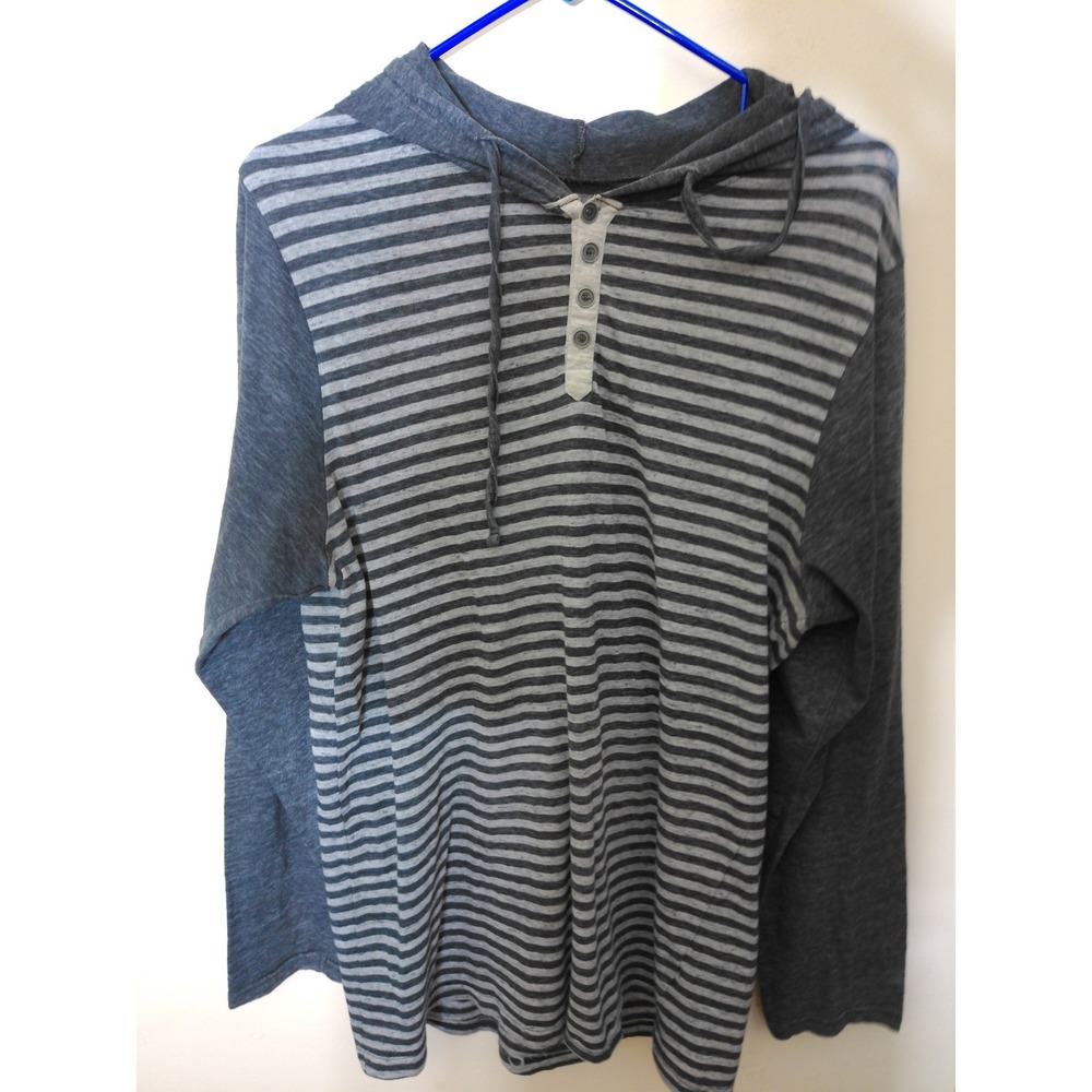 Hudson & Barrow Henley Hoodie Mens Large Grey Striped Long Sleeve Casual Coastal
